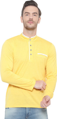 Unite Wear Solid Men Mandarin Collar Yellow T-Shirt