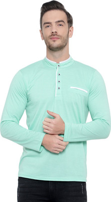 Jangoboy Solid Men Mandarin Collar Light Green T-Shirt