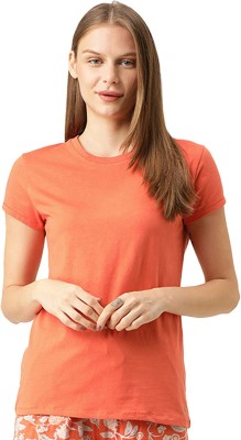 Enamor Solid Women Round Neck Orange T-Shirt