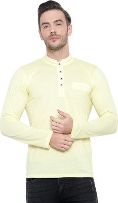 Jangoboy Solid Men Mandarin Collar Yellow T-Shirt