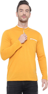 Bribzy Solid Men Mandarin Collar Yellow T-Shirt