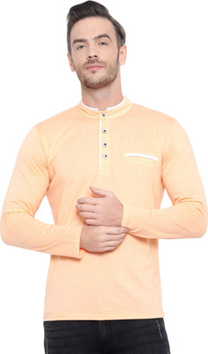 Jaskart Solid Men Mandarin Collar Beige T-Shirt