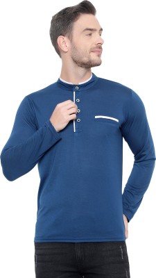 Jaskart Solid Men Mandarin Collar Dark Blue T-Shirt