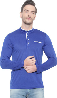 Bribzy Solid Men Mandarin Collar Dark Blue T-Shirt