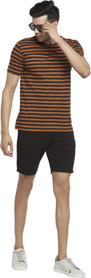 PEOPLE Striped Men Round Neck Orange T-Shirt
