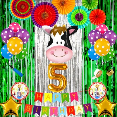 Shopperskart Fifth Happy Birthday Cow Jungle Theme Combo Pack For Party Decoration(Set of 81)