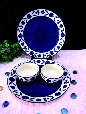 Renhomz Pack of 4 Ceramic Dinner Set(Blue, White, Microwave Safe)