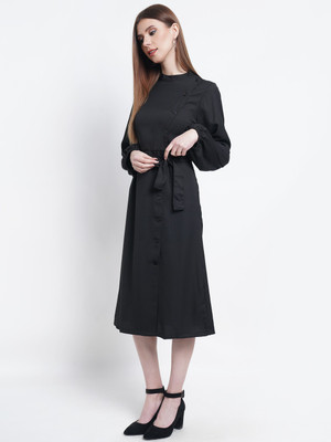 Purple State Women Fit and Flare Black Knee Length Dress