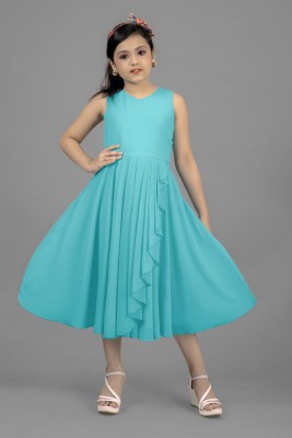 Mirrow Trade Girls Calf Length Casual Dress(Light Blue, Sleeveless)