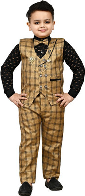 vkreation Boys Festive & Party, Wedding Shirt, Waistcoat and Pant Set(Gold Pack of 1)