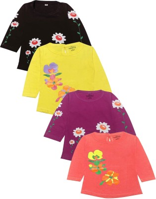 babeezworld Baby Girls Floral Print Pure Cotton Regular T Shirt(Multicolor, Pack of 4)