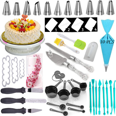 Unique Impex 10 Pcs Free disposable Piping Bag + Easy Rotate Cake Turntable + 12 Piece Cake Decorating Set with 1 Reusable + 8 Pcs Black Measuring Cups and Spoon + Silicone Spatula and Brush Set + 4 Pcs Scraper set + 3-in-1 Multi-Function Stainless Steel Cake Icing Spatula Knife Set + Cake Smoother Unique Impex 10 Pcs Free disposable Piping Bag + Easy Rotate Cake Turntable + 12 Piece Cake Decorating Set with 1 Reusable + 8 Pcs Black Measuring Cups and Spoon + Silicone Spatula and Brush Set + 4 Pcs Scraper set + 3-in-1 Multi-Function Stainless Steel Cake Icing Spatula Knife Set + Cake Smoother