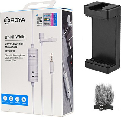 BOYA BY-M1 white with Fur-Lav and Mount3 Omnidirectional Lavalier Condenser Microphone