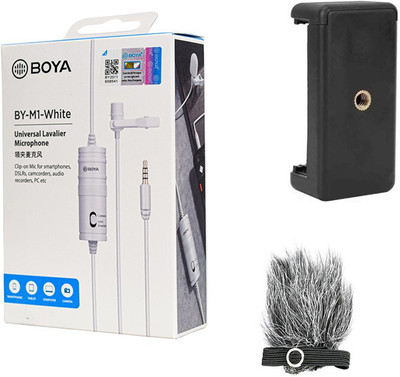 BOYA BY-M1 White with Fur-Lav and Mount2 Omnidirectional Lavalier Condenser Microphone