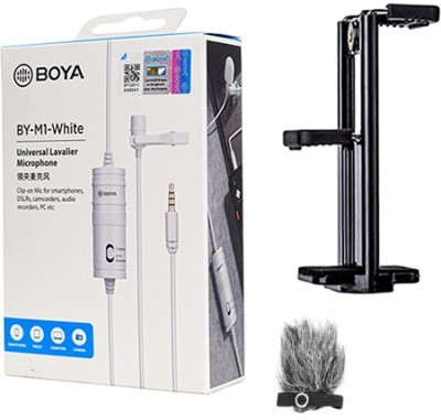 BOYA BY-M1 white with Fur-Lav and Mount4 Omnidirectional Lavalier Condenser Microphone