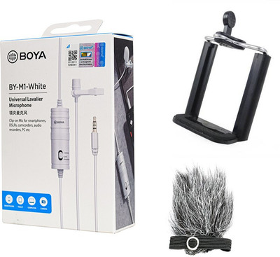 BOYA BY-M1 White with Fur-Lav and Mount1 Omnidirectional Lavalier Condenser Microphone