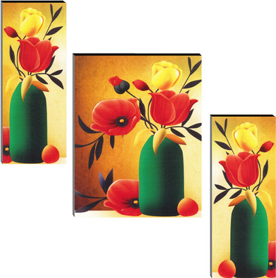 Indianara Set of 3 Flowers in Vases Art MDF Art Painting (4112FL) without glass Digital Reprint 18 inch x 12 inch Painting(With Frame, Pack of 3)