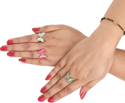 Rhosyn Gold Plated Multi Color Shining Stone Butterfly Shape Adjustable Rings Combo Set Alloy Gold Plated Ring Set