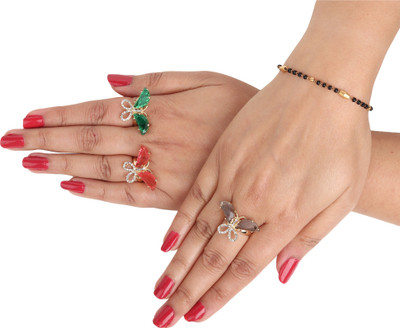 Rhosyn Gold Plated Multi Color Shining Stone Butterfly Shape Adjustable Rings Combo Set Alloy Gold Plated Ring Set