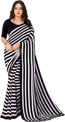 AMBUJAINTERNATIONAL Striped Bollywood Georgette Saree(Black)