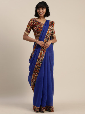 Saadhvi Solid/Plain Bollywood Cotton Blend Saree(Dark Blue)