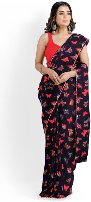 AARTI SELECTION Printed Bollywood Cotton Blend Saree(Red, Black)