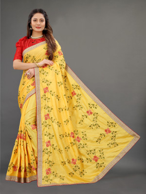 Barkiya Creation Embroidered Bollywood Silk Blend Saree(Yellow)