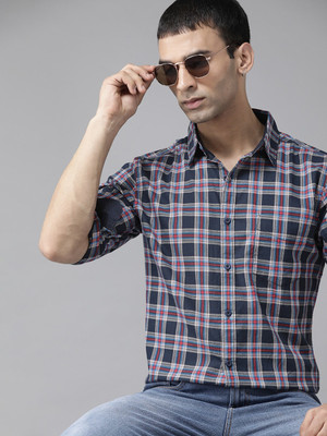 Roadster Men Checkered Casual Dark Blue Shirt