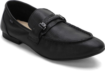 Ezok Black Leather Semi Formal Loafers For Men(Black)
