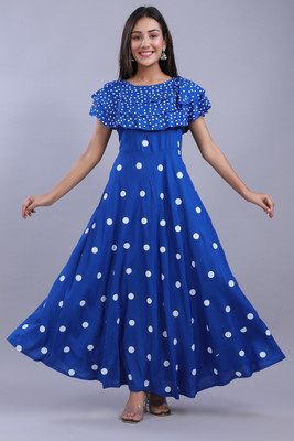Janki Creation Women Polka Print Anarkali Kurta(Blue)