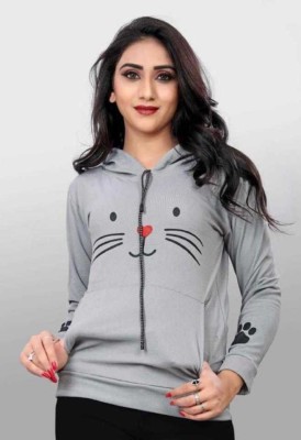 AVAIKSA Printed Women Hooded Neck Grey T-Shirt