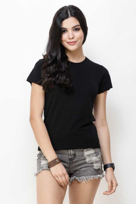 PRINTISTA Solid Women Round Neck Black T-Shirt
