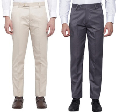 Kurus Slim Fit Men Beige, Grey Trousers