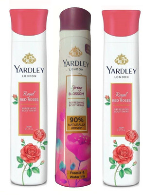 Yardley London 2 ROYAL RED ROSE , 1 SPRING BLOSSOM BODY SPRAY ,150 ML EACH ,PACK OF 3 Deodorant Spray  -  For Men & Women(450 ml, Pack of 3)