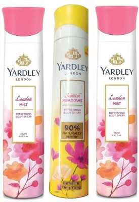 Yardley London 2 LONDON MIST , 1 SCOTTISH MEADOWS BODY SPRAY 150 ML EACH ,PACK OF 3 . Deodorant Spray  -  For Men & Women(450 ml, Pack of 3)
