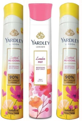 Yardley London 2 SCOTTISH MEADOWS , 1 LONDON MIST BODY SPRAY 150 ML EACH, PACK OF 3 . Deodorant Spray  -  For Men & Women(450 ml, Pack of 3)