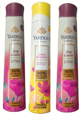 Yardley London 2 SPRING BLOSSOM ,1 SCOTTISH MEADOWS DEODORANT ,150 ML EACH, PACK OF 3 Deodorant Spray  -  For Men & Women(450 ml, Pack of 3)