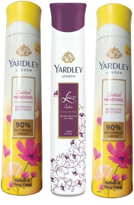 Yardley London 2 SCOTTISH BLOSSOM & 1 LACE BODY SPRAY 150 ML EACH ,PACK OF 3 . Deodorant Spray  -  For Men & Women(450 ml, Pack of 3)