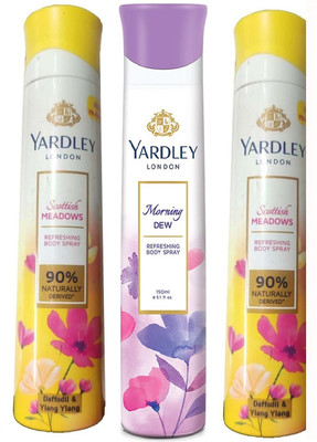Yardley London 2 SCOTTISH MEADOWS & 1 MORNING DEW 150 ML EACH, PACK OF 3 . Deodorant Spray  -  For Men & Women(450 ml, Pack of 3)