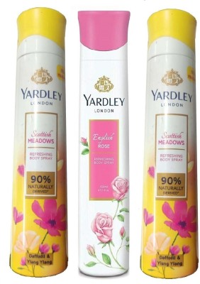 Yardley London 2 SCOTTISH MEADOWS ,1 ENGLIS2 H ROSE BODY SPRAY 150 ML EACH, PACK OF 3 . Deodorant Spray  -  For Men & Women(450 ml, Pack of 3)