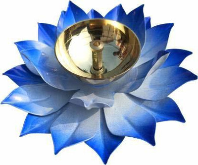 Neo Classic Deepak Lotus Leaf Blue Color 5 inch With Box Brass Table Diya(Height: 1.5 inch)