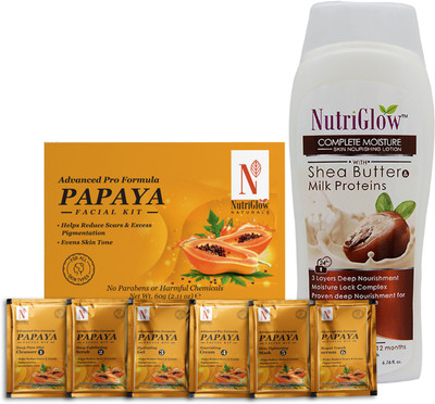NutriGlow NATURAL'S Advanced Pro Formula Set of 2 Papaya Facial Kit 60gm & Shea Butter Lotion 200ml(2 x 130 g)