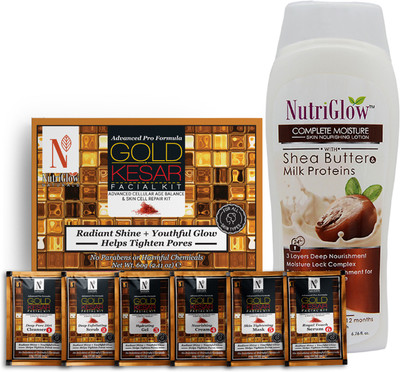 NutriGlow NATURAL'S Advanced Pro Formula Pack2 Gold Kesar Facial Kit 60gm & Shea Butter Lotion 200ml(2 x 130 g)