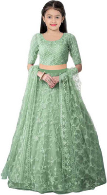 Bharat Origin Girls Lehenga Choli Party Wear Checkered Lehenga, Choli and Dupatta Set(Green, Pack of 1)