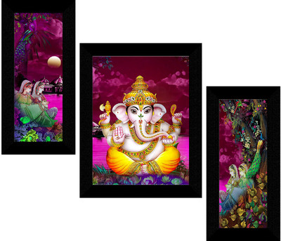 saf Ganesha Framed Set of 3 Ink 13.5 inch x 22.5 inch Painting(With Frame, Pack of 3)