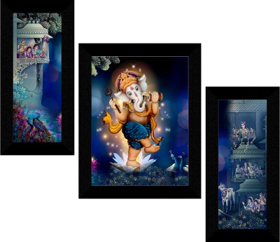 saf Ganesha Framed Set of 3 Ink 13.5 inch x 22 inch Painting(With Frame, Pack of 3)