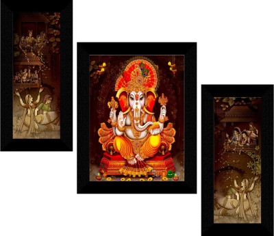 saf Ganesha Framed Set of 3 Ink 13.5 inch x 22 inch Painting(With Frame, Pack of 3)