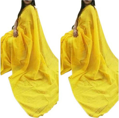 Bakshi Telecom Solid/Plain Handloom Cotton Silk Saree(Pack of 2, Yellow)