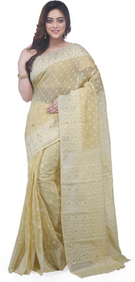 WoodenTant Woven Jamdani Cotton Silk Saree(White)