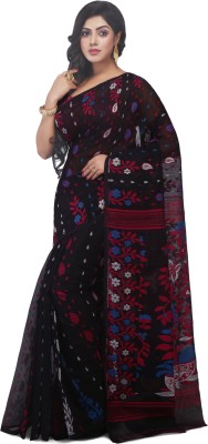 WoodenTant Woven Jamdani Cotton Silk Saree(Black)